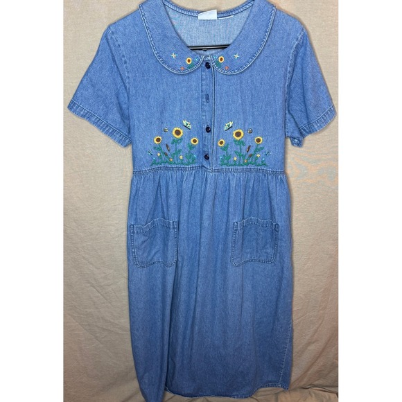 Bobbie Brooks Vintage Denim Maxi Dress Sunflower Embroidered GrandmaCore Medium - Picture 2 of 8